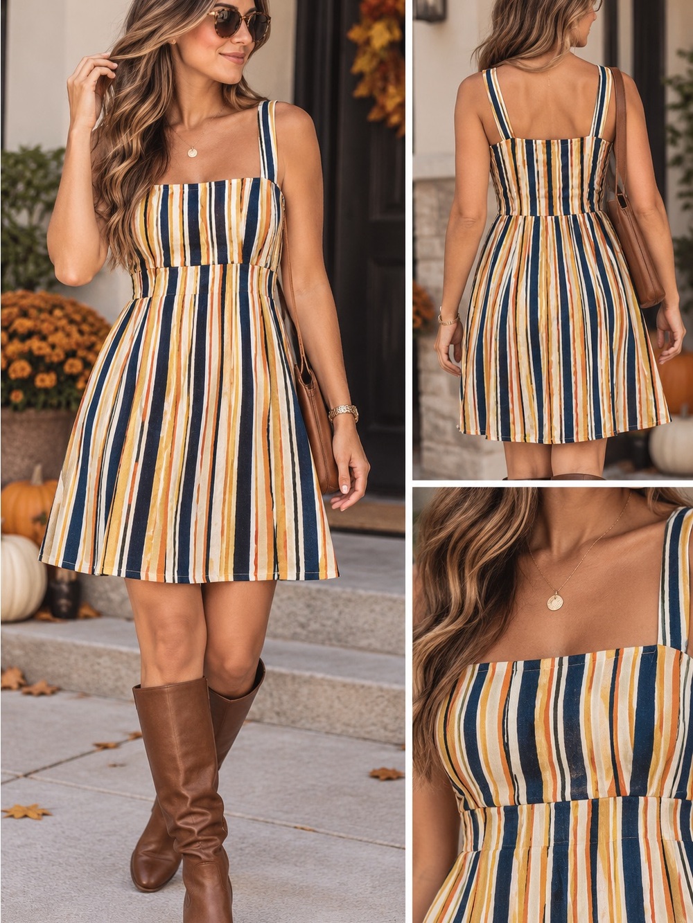 Cotton On Navy, Mustard & Cream Striped Square-Neck Mini Dress